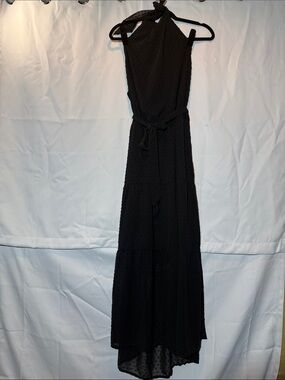 Women’s Black Halter Maxi Dress with Self-Tie Waist